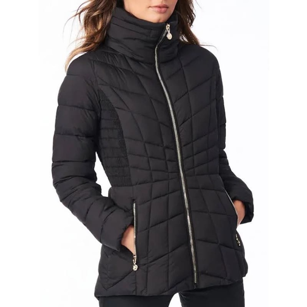 Bernardo Women's EcoPlume Fitted Packable Quilted Puffer Jacket-Hood-Black-Large